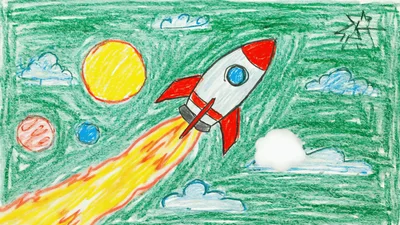 Animated Clouds Moving Over A Child Drawing Of A Rocket