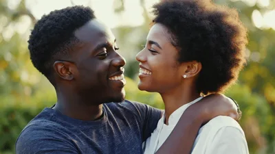 Happy Young Couple Embracing Outdoors In Sunlight