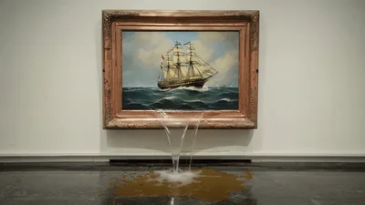 Surreal Art Installation Featuring A Ship Painting Leaking Water