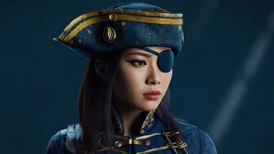 Young Woman Wearing Pirate Costume Looking Around