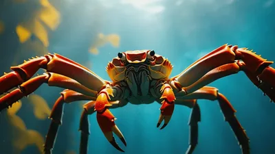 Red Crab Swimming Through Deep Blue Ocean Waters