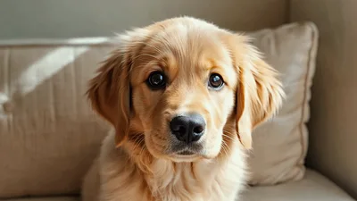 Adorable Golden Retriever Puppy Sitting On A Sofa