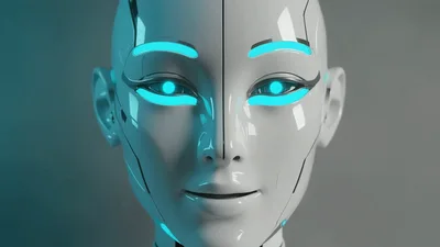 Futuristic Android Robot Face With Glowing Blue Eyes