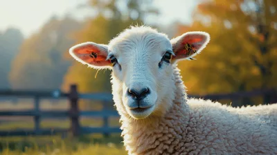 White Lamb Looking At Camera In Sunny Pasture