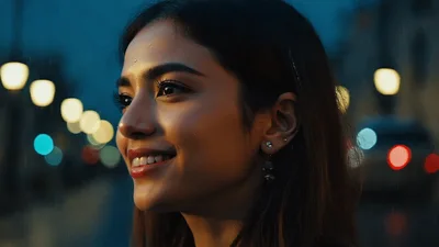 Young Woman Smiling Outdoors During Evening Rain