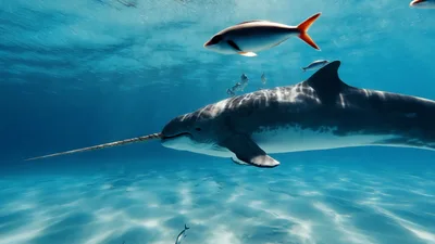 Narwhal Swimming Underwater With Small Fish