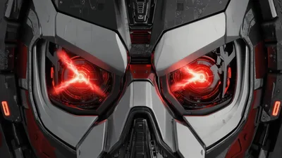 Close Up Of Robotic Face With Glowing Red Eyes