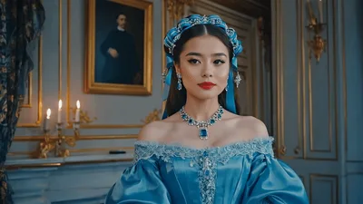 Elegant Woman In Blue Victorian Gown Standing In Palace