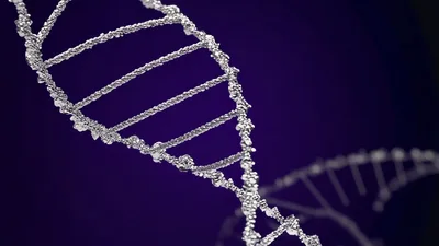 Silver DNA Double Helix Rotating Against Dark Background