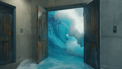 Giant Ocean Wave Crashing Through Open Doorway