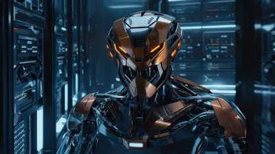 Advanced Humanoid Robot Standing In High Tech Server Room