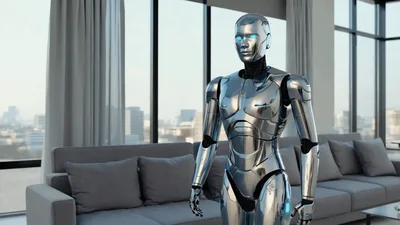 Futuristic Silver Humanoid Robot Standing In Modern Living Room