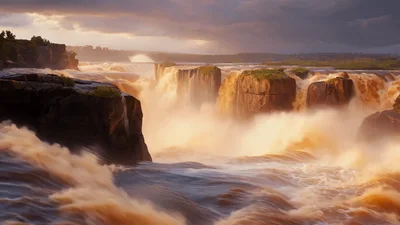 Majestic Waterfall Cascading Over Rocky Cliffs At Sunset