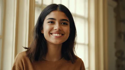 Young Woman Smiling Happily In Bright Indoor Setting