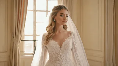 Beautiful Bride Posing In Elegant Wedding Dress