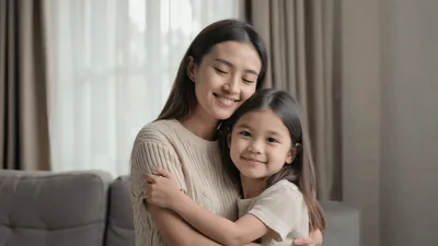 Asian Mother And Daughter Embracing In Living Room