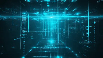 Digital Data Tunnel With Glowing Blue Code Streams