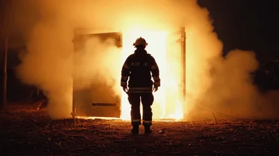 Firefighter Standing Before A Burning Shipping Container