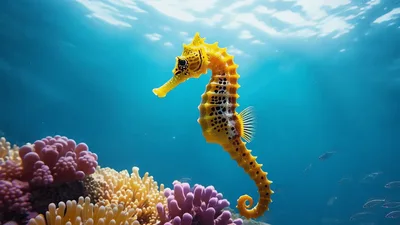 Yellow Seahorse Swimming Near Colorful Coral Reef