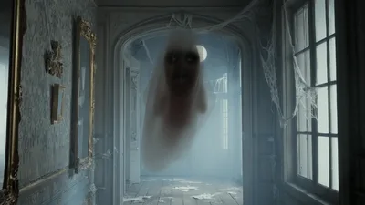 Eerie Ghost Floating Through A Haunted Victorian Hallway