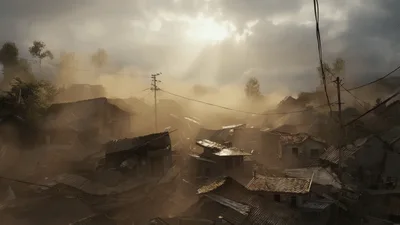 Aerial View Of A Dusty Village At Sunset