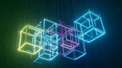 Neon Glowing Wireframe Cubes Rotating In Dark Space
