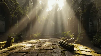 Sunlight Beams Through Ancient Stone Forest Ruins