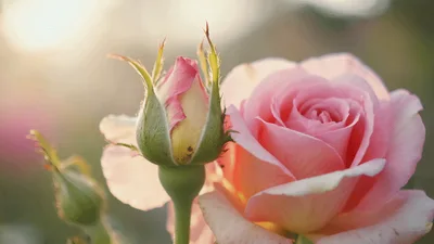 Soft Pink Rose Bud and Blooming Flower in Sunlight