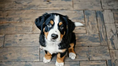 Adorable Bernese Mountain Dog Puppy Sitting On Wooden Floor