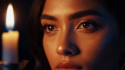 Close Up Portrait Of A Woman Illuminated By Candlelight