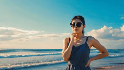 Young Woman Posing On Beach At Sunset