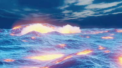 Glowing Lava Waves Flowing Through Dark Ocean Water