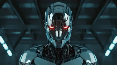 Futuristic Metallic Android Robot With Glowing Red Eyes