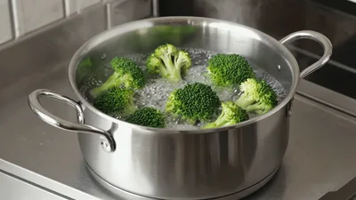 Broccoli Florets Boiling In A Stainless Steel Pot