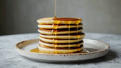 Maple Syrup Pouring Over A Stack Of Pancakes
