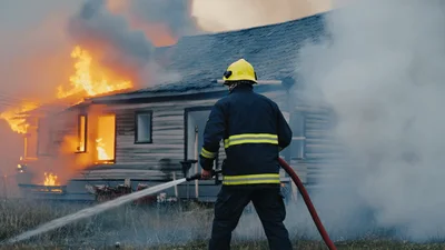 Firefighter Extinguishing A Burning Wooden House