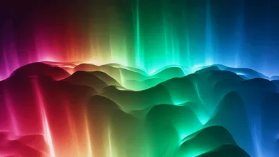 Abstract Rainbow Aurora Borealis Over Rolling Dark Landscape