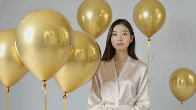 Young Asian Woman Posing With Golden Balloons