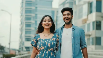 Happy Young Couple Walking And Laughing Together Outdoors