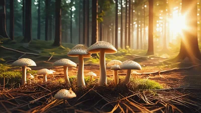 Mushrooms Growing In A Sunlit Forest Clearing