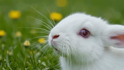 White Rabbit Twitching Nose In Green Meadow