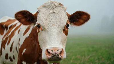 Close Up Portrait Of A Brown And White Cow