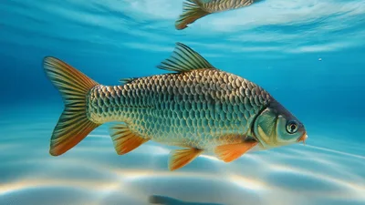 Golden Carp Swimming Underwater in Clear Blue Water