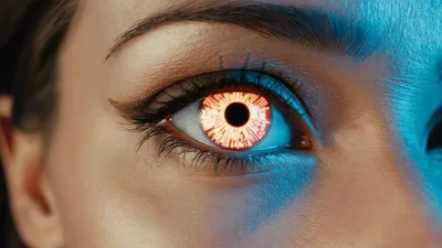 Close Up Of Human Eye With Glowing Digital Iris
