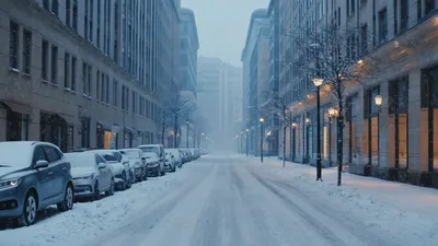 Snowy City Street With Parked Cars In Winter