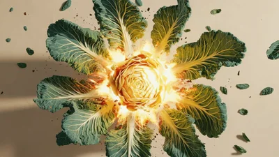 Burning Cabbage Head Exploding With Fire And Sparks