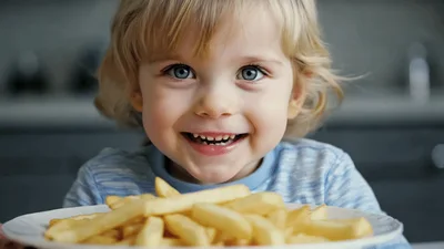 Happy Toddler Boy Looking At Plate Of French Fries