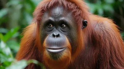 Orangutan Looking Directly Into Camera In Tropical Forest