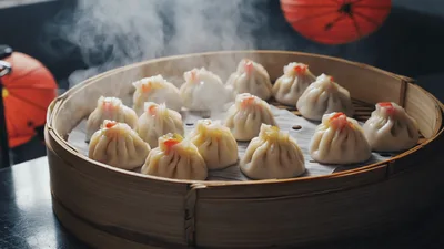 Steaming Hot Dumplings In A Bamboo Basket