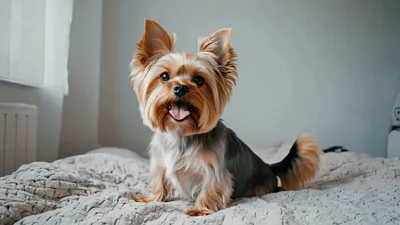 Yorkshire Terrier Sitting On A Bed Wagging Its Tail